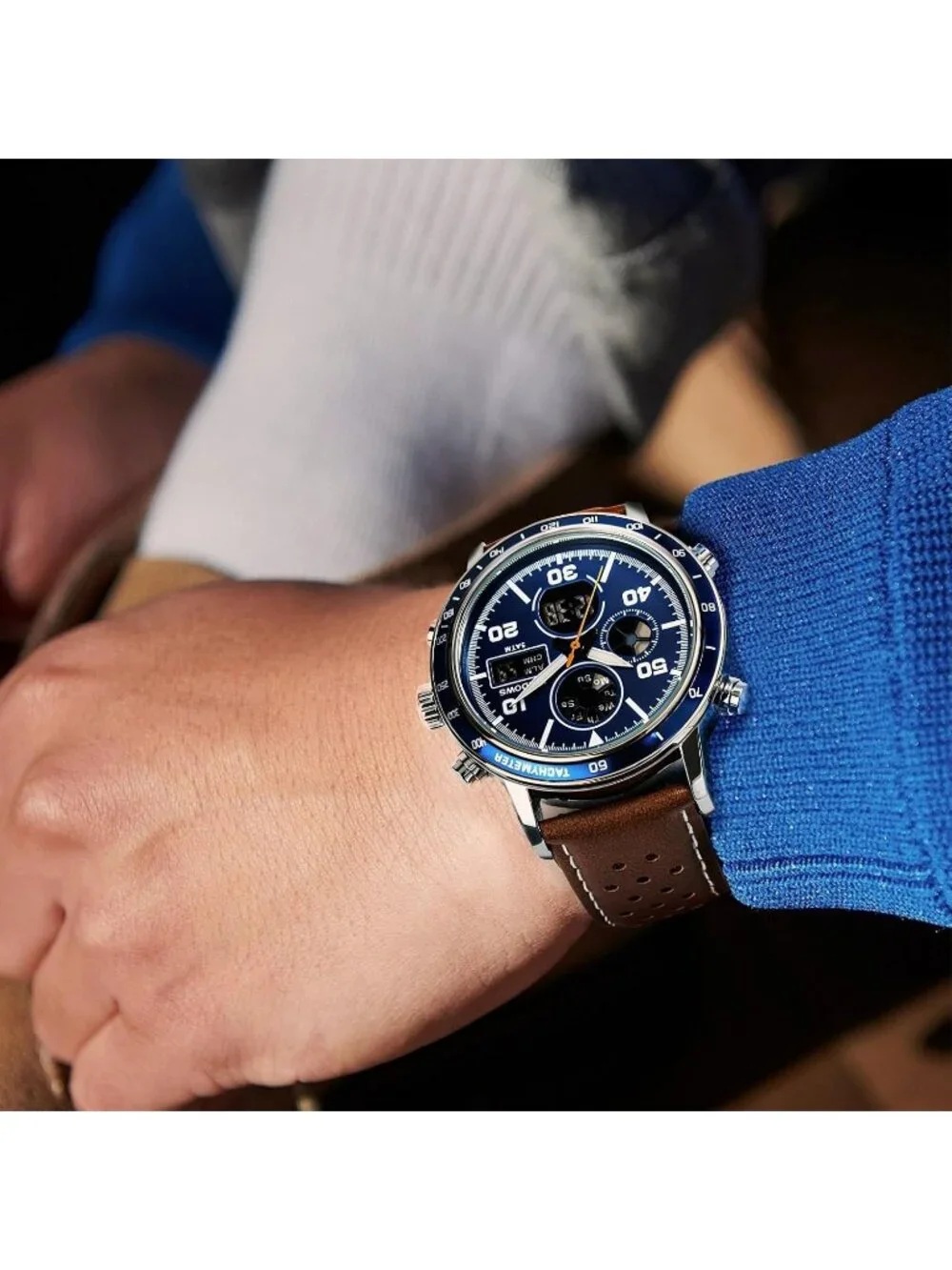 Men's Retro Brown Blue Digital Analog Multifunction Sport Casual Wrist Watch